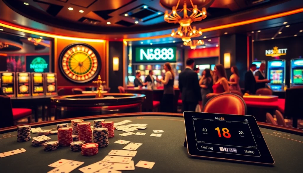 Engage in thrilling casino action with nh88, featuring cards, poker chips, and a roulette wheel in a luxurious setting.