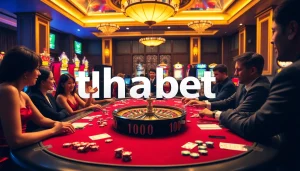 Players engaging in thrilling gambling activities at thabet casino with vibrant slot machines.