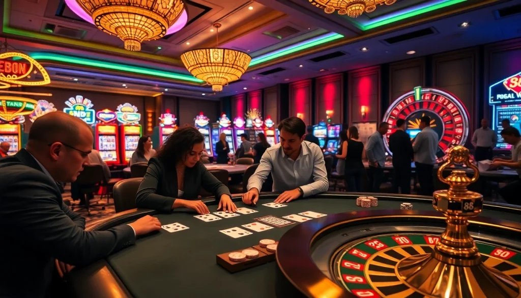 Players enjoying high-stakes games at 88i casino tables surrounded by vibrant slot machines.