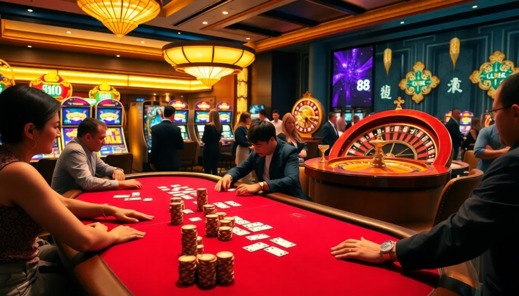 Experience the excitement of trang chu lc88 at a luxurious casino with baccarat tables and slot machines.