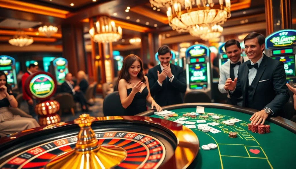 The excitement of players engaging in the 88i game at a lavish casino, with vibrant decor and dynamic gaming elements.