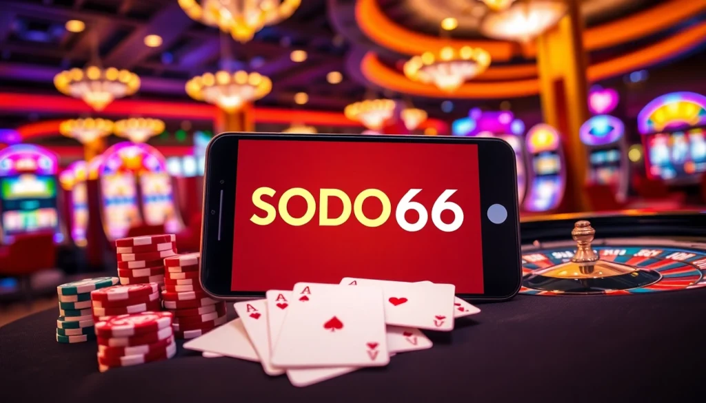 SODO66 app displayed on a smartphone amidst vibrant casino elements like poker chips and roulette wheel.