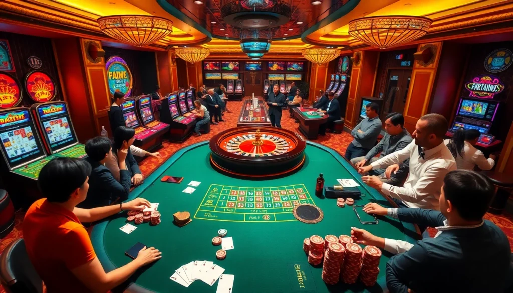 Exciting gameplay scene at BK8 casino featuring roulette, poker, and vibrant slot machines.