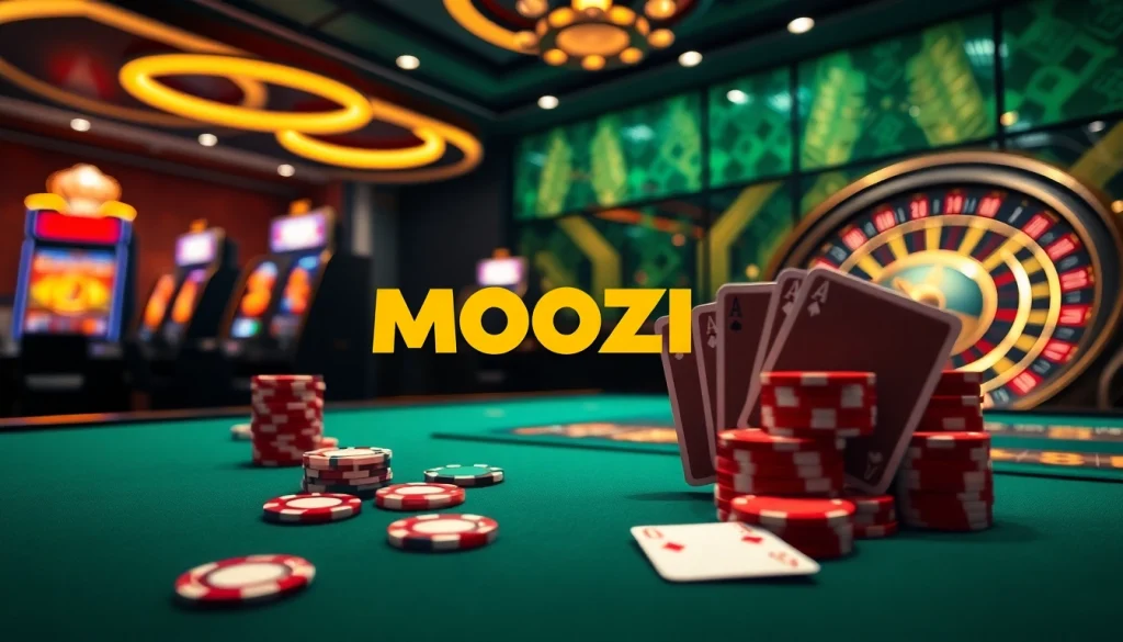 Moozi review highlighting an exclusive casino scene with poker chips and slot machines.