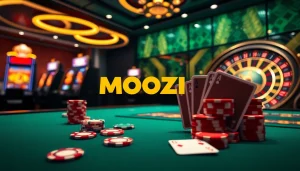 Moozi review highlighting an exclusive casino scene with poker chips and slot machines.