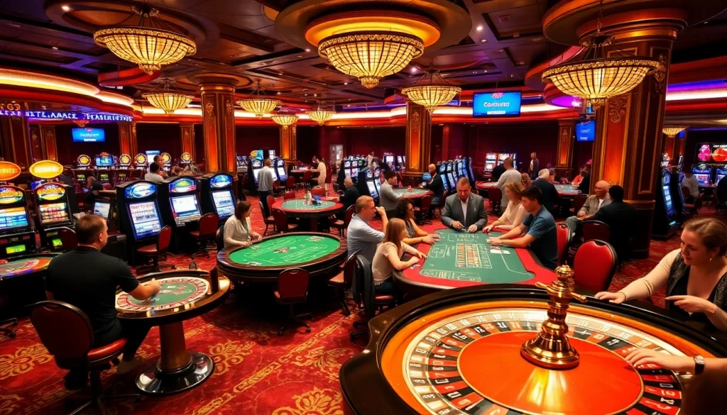 C168 casino scene showcasing vibrant gaming tables and enthusiastic players betting on various games.