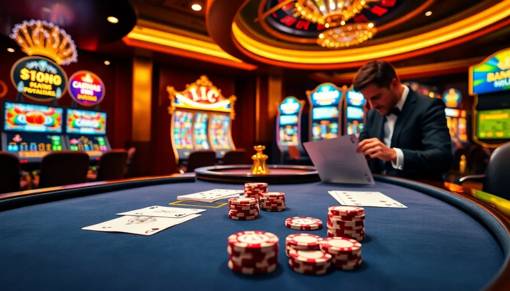 Experience thrilling gaming at king333.club with elegant casino tables and vibrant slot machines.