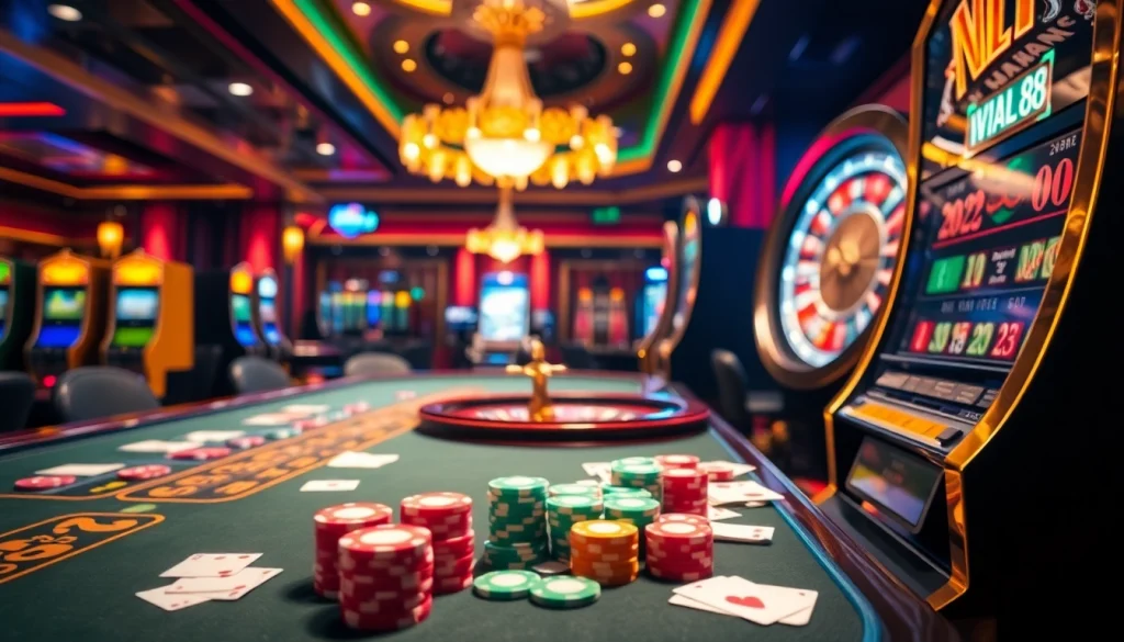 A gambler enjoying a thrilling moment at the casino featuring viral88 on a slot machine, surrounded by vibrant slot reels and poker chips.