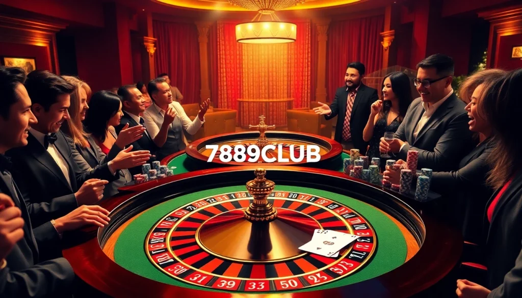Players engaging at a roulette table in a luxurious casino scene featuring 789CLUB.