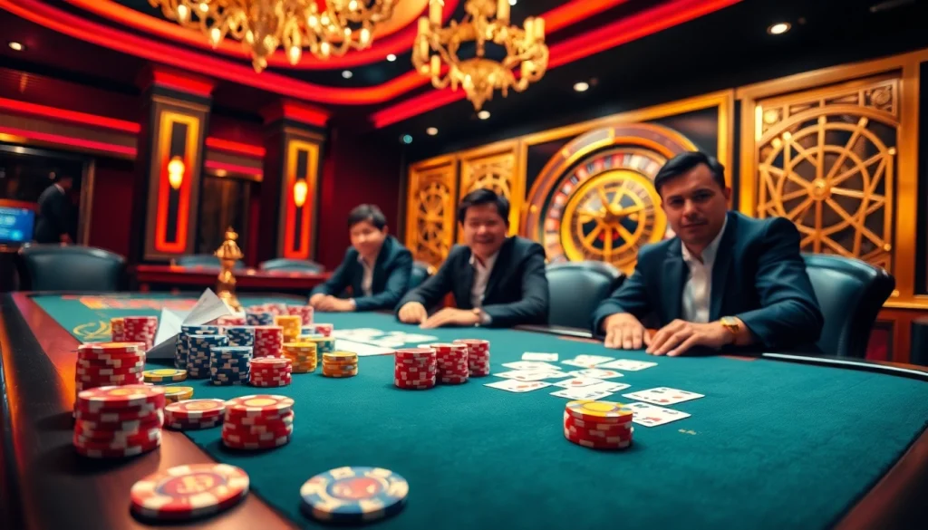 Engaging gamblers at a table showcasing the excitement of nhà cái bet88 with colorful chips and cards.