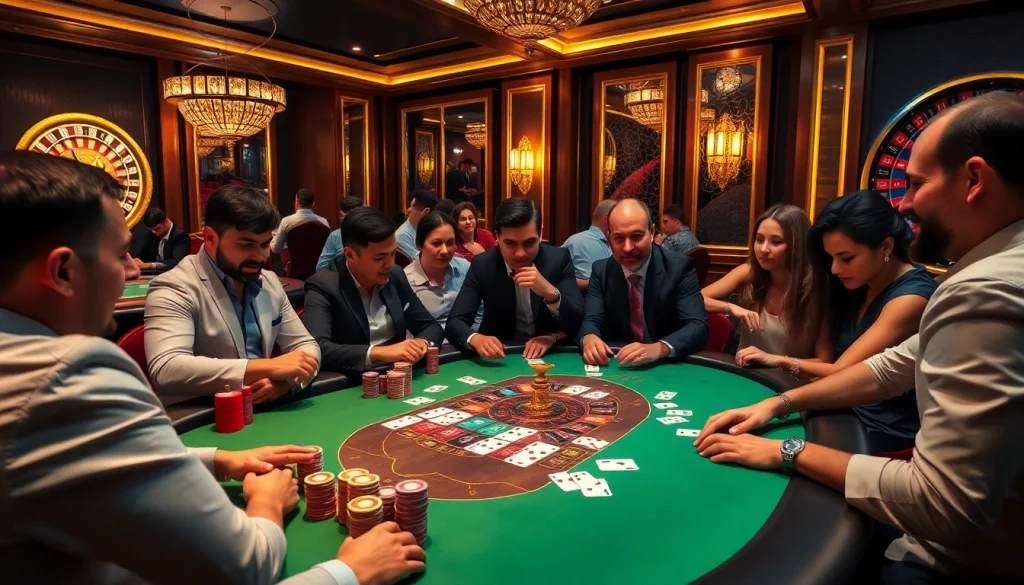 Players enjoying poker at https://go88.fast/, surrounded by vibrant casino atmosphere and luxury details.
